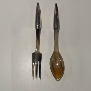 VINTAGE SILVER HANDLE CARVED HORN SALAD SERVING SET SPOON FORK